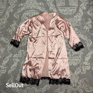 Women's Pink Satin Kimono Robe w/ Black Lace Trim Size M